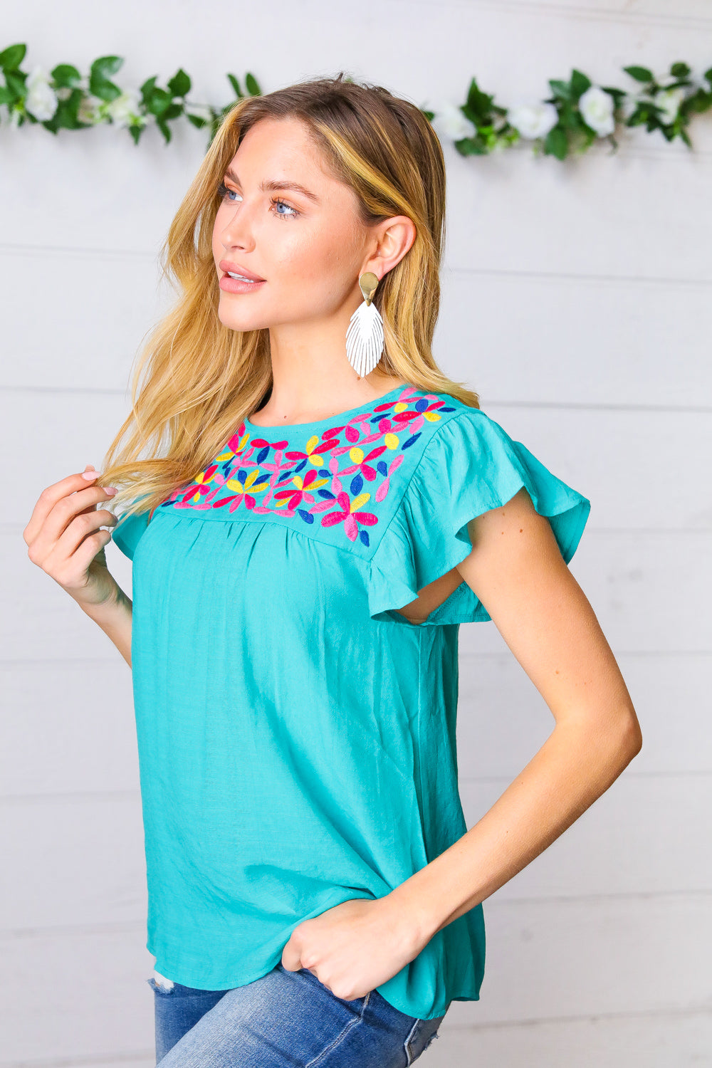 Turquoise Floral Embroidered Ruffle Sleeve Top-Mine-[option4]-[option5]-[option6]-[option7]-[option8]-Shop-Boutique-Clothing-for-Women-Online