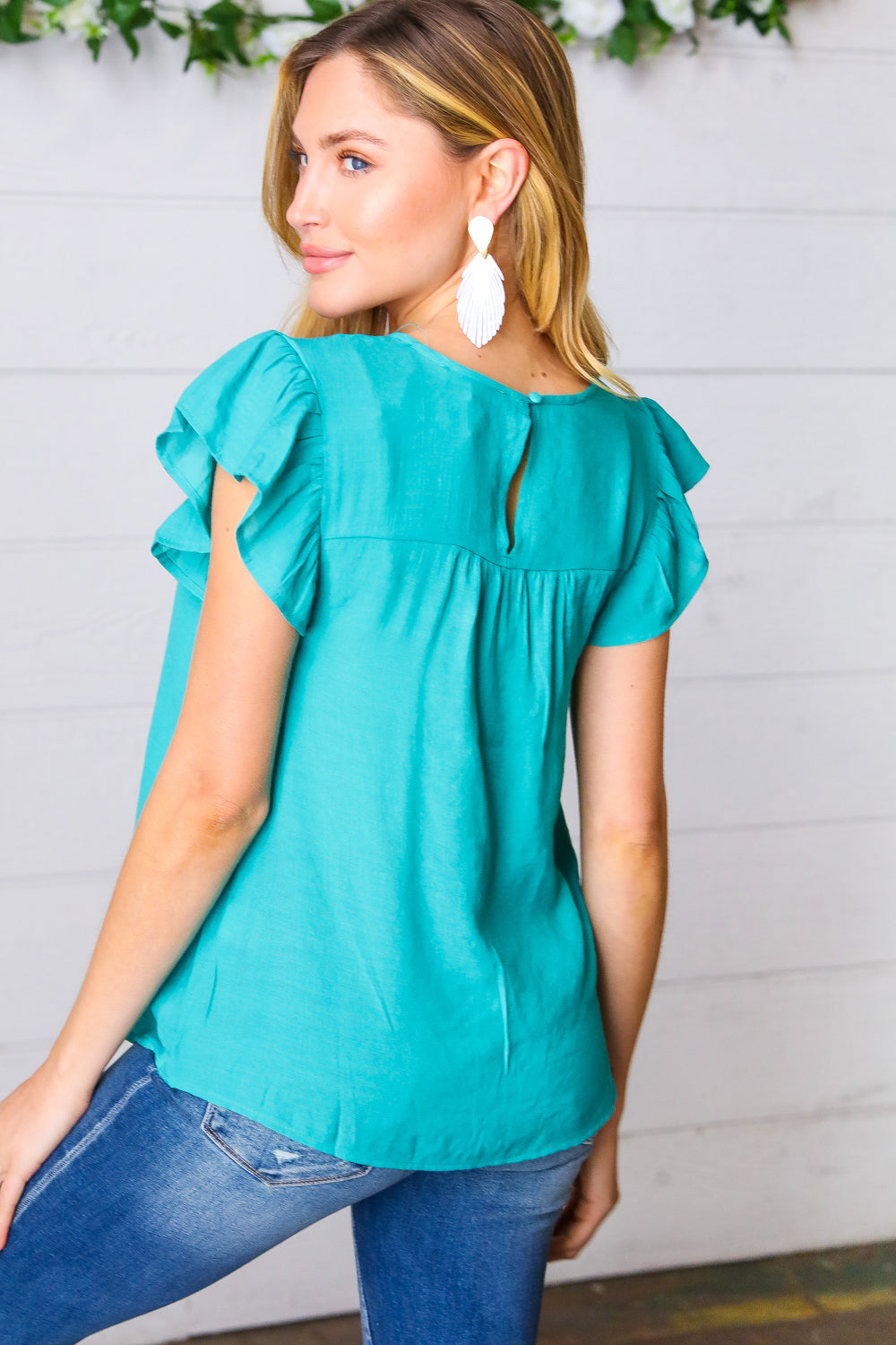 Turquoise Floral Embroidered Ruffle Sleeve Top-Mine-[option4]-[option5]-[option6]-[option7]-[option8]-Shop-Boutique-Clothing-for-Women-Online
