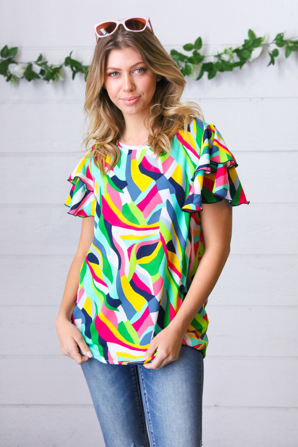 Geo Multicolor Print Flutter Sleeve Woven Top-Haptics-[option4]-[option5]-[option6]-[option7]-[option8]-Shop-Boutique-Clothing-for-Women-Online