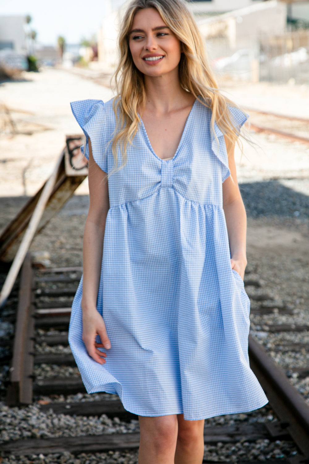 Blue Bow Ruffle Short Sleeve Flutter Pocketed Dress-Haptics-[option4]-[option5]-[option6]-[option7]-[option8]-Shop-Boutique-Clothing-for-Women-Online