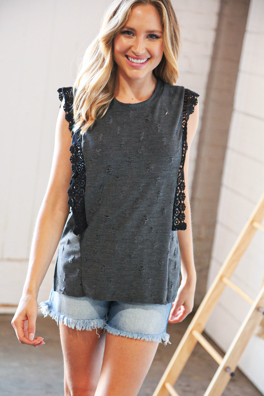 Charcoal Distressed Sleeveless Crochet Lace Top-Sugarfox-[option4]-[option5]-[option6]-[option7]-[option8]-Shop-Boutique-Clothing-for-Women-Online