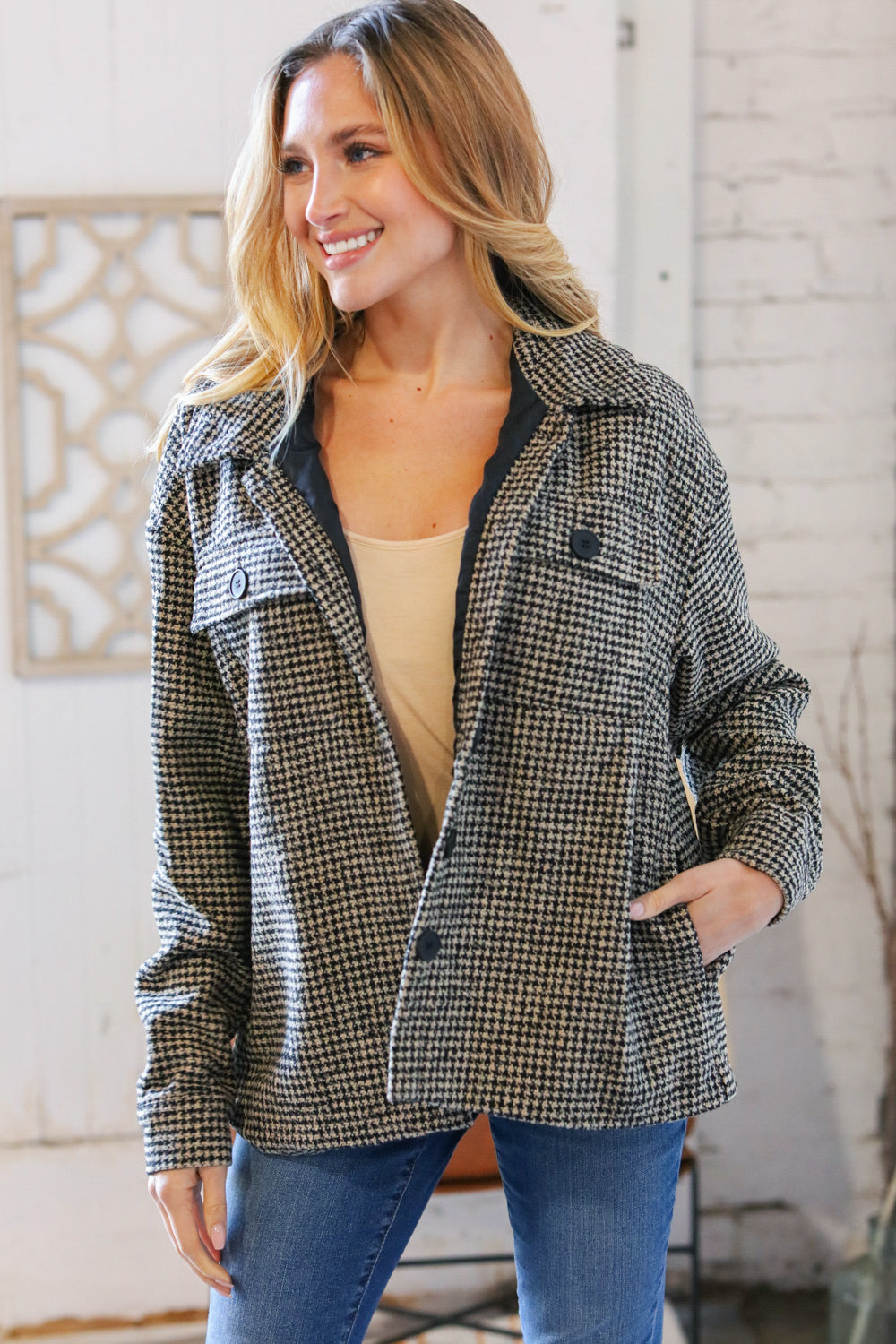 Collared Houndstooth Button Down Wool Blend Jacket-Haptics-[option4]-[option5]-[option6]-[option7]-[option8]-Shop-Boutique-Clothing-for-Women-Online