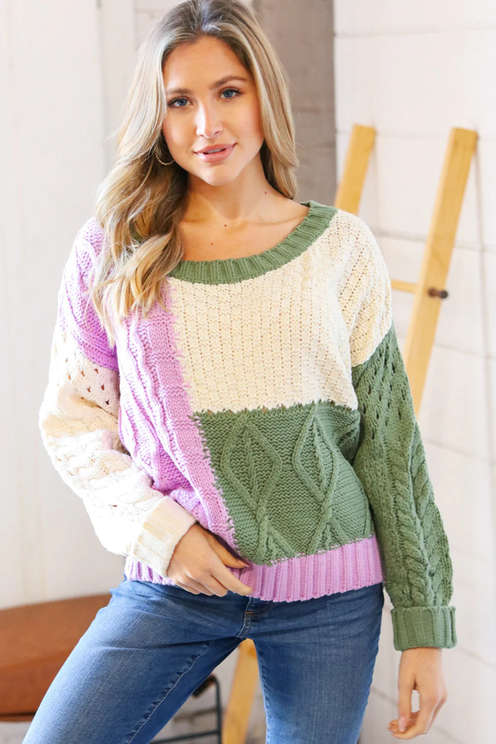 Ivory & Green Colorblock Cable Knit Sweater-Entro-[option4]-[option5]-[option6]-[option7]-[option8]-Shop-Boutique-Clothing-for-Women-Online