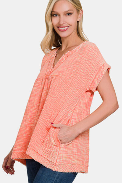 Zenana Washed Raw Hem Short Sleeve Blouse with Pockets-Trendsi-CORAL-S-[option4]-[option5]-[option6]-[option7]-[option8]-Shop-Boutique-Clothing-for-Women-Online