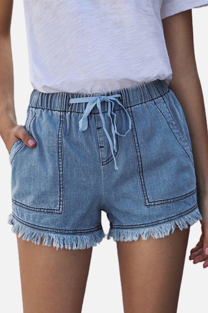 Pocketed Frayed Denim Shorts-Trendsi-[option4]-[option5]-[option6]-[option7]-[option8]-Shop-Boutique-Clothing-for-Women-Online
