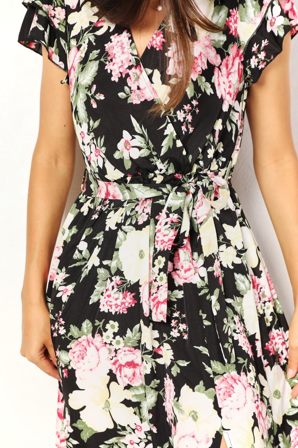 Double Take Floral Flutter Sleeve Tie-Waist Split Dress-Trendsi-[option4]-[option5]-[option6]-[option7]-[option8]-Shop-Boutique-Clothing-for-Women-Online