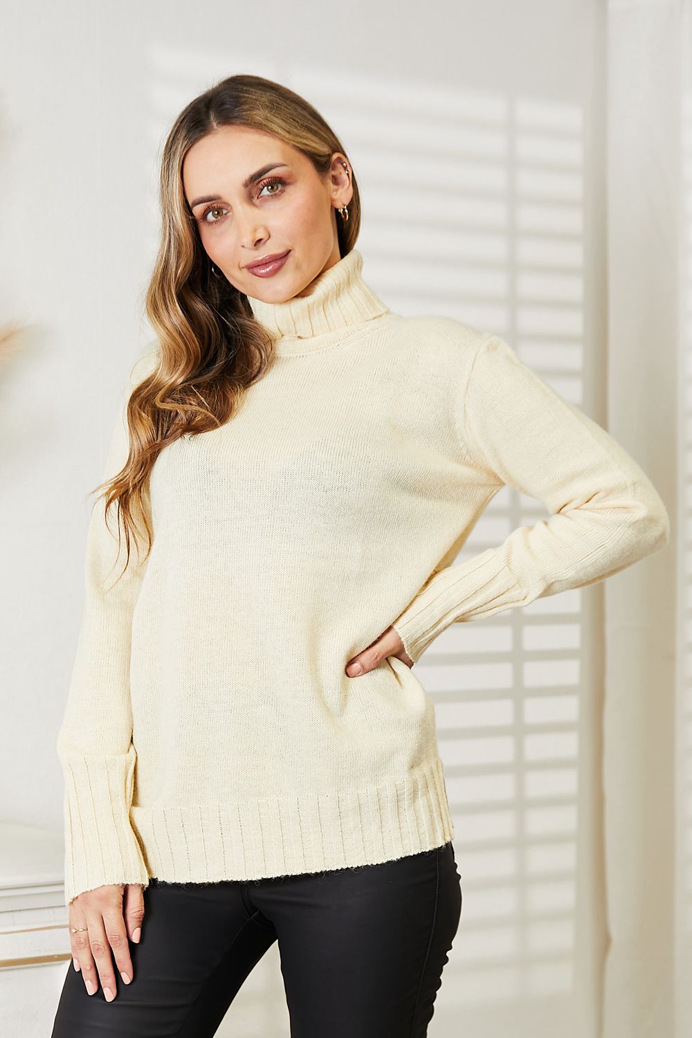 Heimish Long Sleeve Turtleneck Sweater with Side Slit-Trendsi-[option4]-[option5]-[option6]-[option7]-[option8]-Shop-Boutique-Clothing-for-Women-Online
