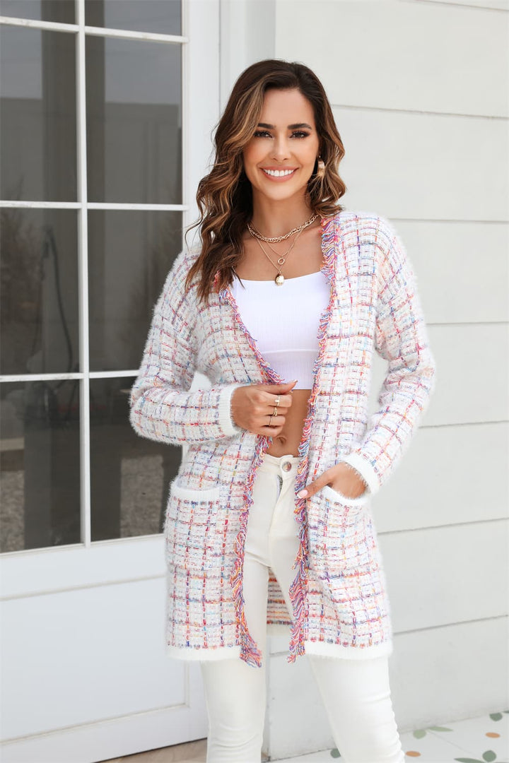 Plaid Fringe Trim Open Front Longline Cardigan-Trendsi-Blush Pink-S-[option4]-[option5]-[option6]-[option7]-[option8]-Shop-Boutique-Clothing-for-Women-Online