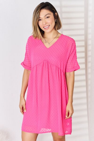 Zenana Swiss Dot Rolled Short Sleeve Babydoll Dress-Trendsi-Fuchsia-S-[option4]-[option5]-[option6]-[option7]-[option8]-Shop-Boutique-Clothing-for-Women-Online