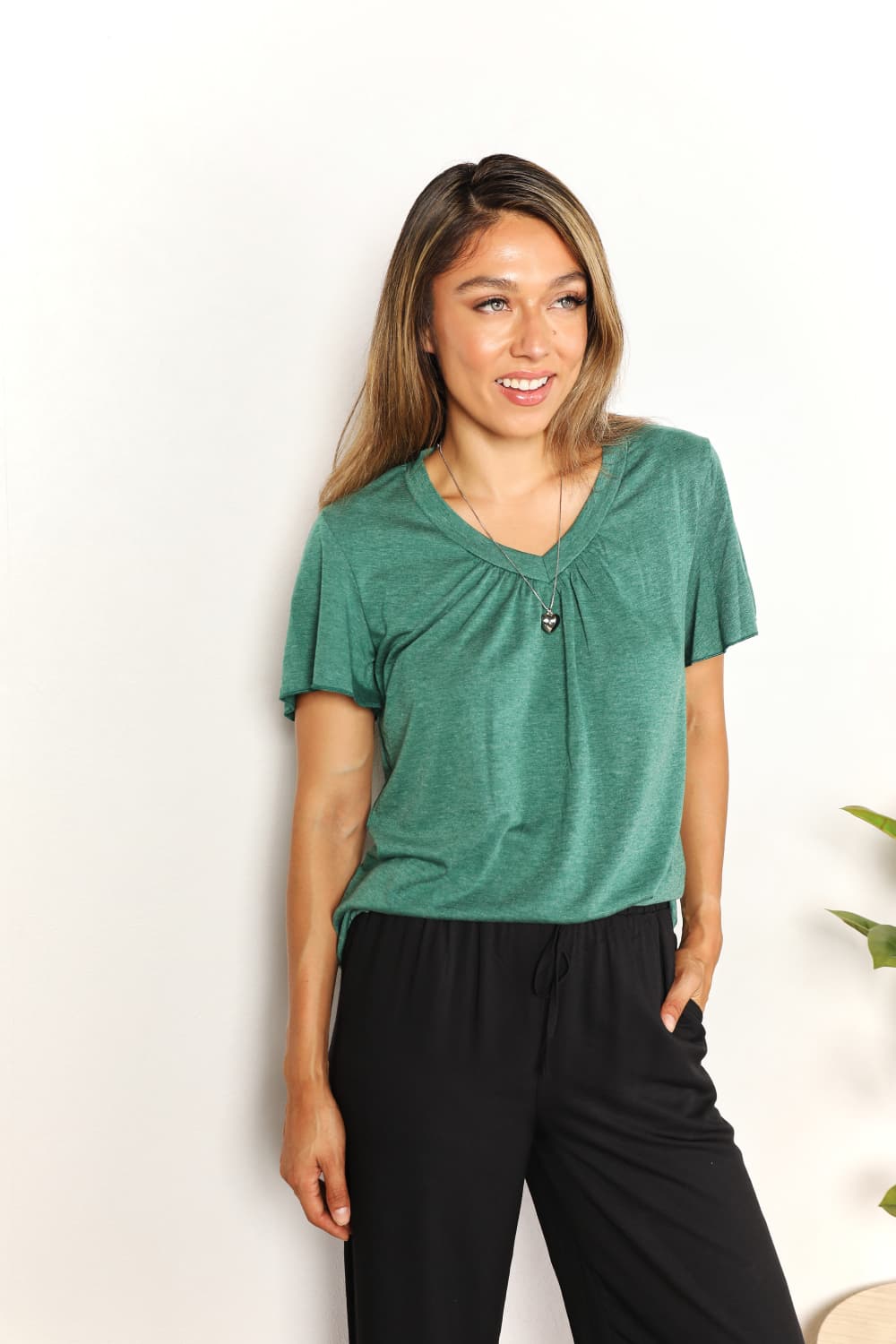 Double Take Ruched V-Neck Short Sleeve T-Shirt-Trendsi-[option4]-[option5]-[option6]-[option7]-[option8]-Shop-Boutique-Clothing-for-Women-Online