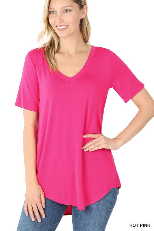 Zenana Luxe Rayon V-Neck Hi-Low Hem Tee-ZENANA-[option4]-[option5]-[option6]-[option7]-[option8]-Shop-Boutique-Clothing-for-Women-Online