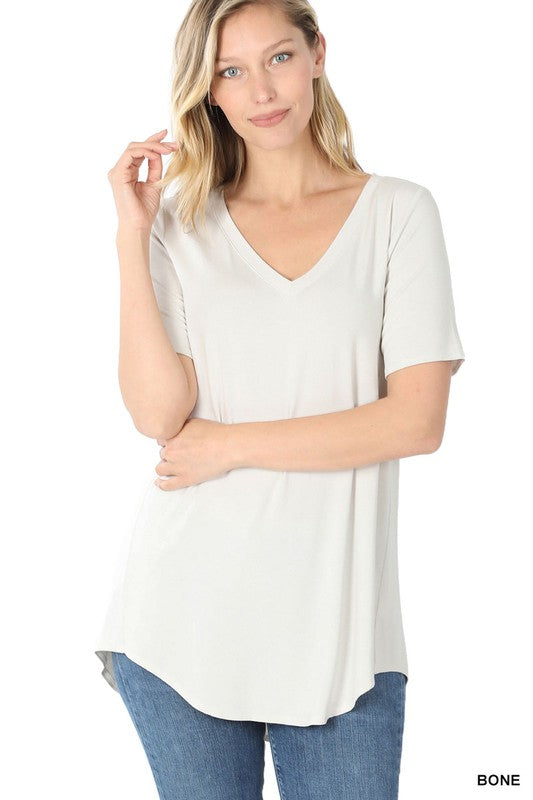 Zenana Luxe Rayon V-Neck Hi-Low Hem Tee-ZENANA-[option4]-[option5]-[option6]-[option7]-[option8]-Shop-Boutique-Clothing-for-Women-Online