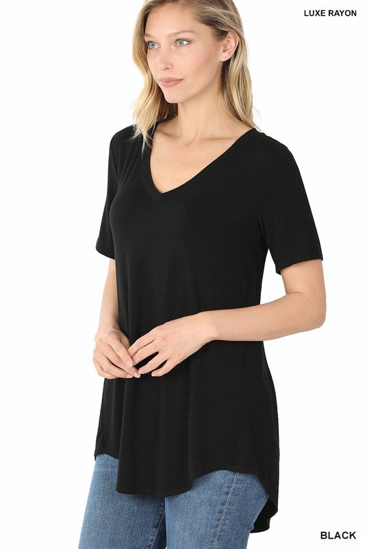 Zenana Luxe Rayon V-Neck Hi-Low Hem Tee-ZENANA-[option4]-[option5]-[option6]-[option7]-[option8]-Shop-Boutique-Clothing-for-Women-Online