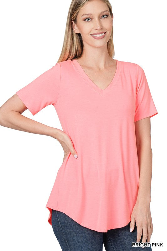 Zenana Luxe Rayon V-Neck Hi-Low Hem Tee-ZENANA-[option4]-[option5]-[option6]-[option7]-[option8]-Shop-Boutique-Clothing-for-Women-Online