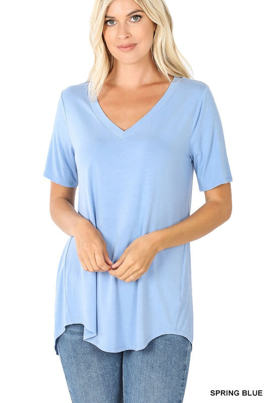 Zenana Luxe Rayon V-Neck Hi-Low Hem Tee-ZENANA-[option4]-[option5]-[option6]-[option7]-[option8]-Shop-Boutique-Clothing-for-Women-Online