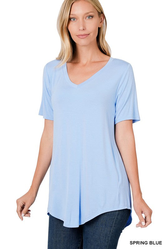 Zenana Luxe Rayon V-Neck Hi-Low Hem Tee-ZENANA-[option4]-[option5]-[option6]-[option7]-[option8]-Shop-Boutique-Clothing-for-Women-Online