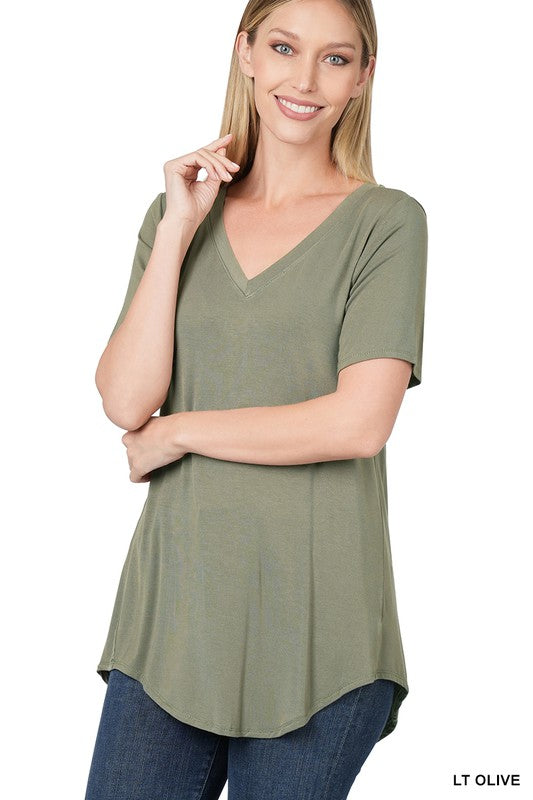 Zenana Luxe Rayon V-Neck Hi-Low Hem Tee-ZENANA-[option4]-[option5]-[option6]-[option7]-[option8]-Shop-Boutique-Clothing-for-Women-Online