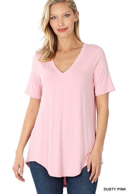 Zenana Luxe Rayon V-Neck Hi-Low Hem Tee-ZENANA-[option4]-[option5]-[option6]-[option7]-[option8]-Shop-Boutique-Clothing-for-Women-Online