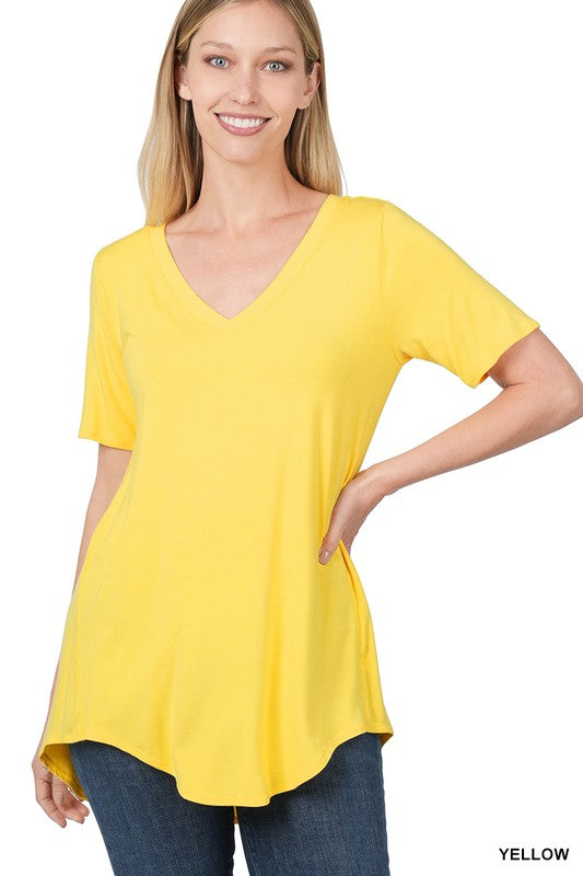 Zenana Luxe Rayon V-Neck Hi-Low Hem Tee-ZENANA-[option4]-[option5]-[option6]-[option7]-[option8]-Shop-Boutique-Clothing-for-Women-Online