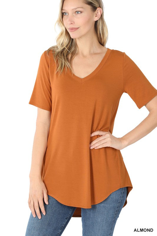 Zenana Luxe Rayon V-Neck Hi-Low Hem Tee-ZENANA-[option4]-[option5]-[option6]-[option7]-[option8]-Shop-Boutique-Clothing-for-Women-Online