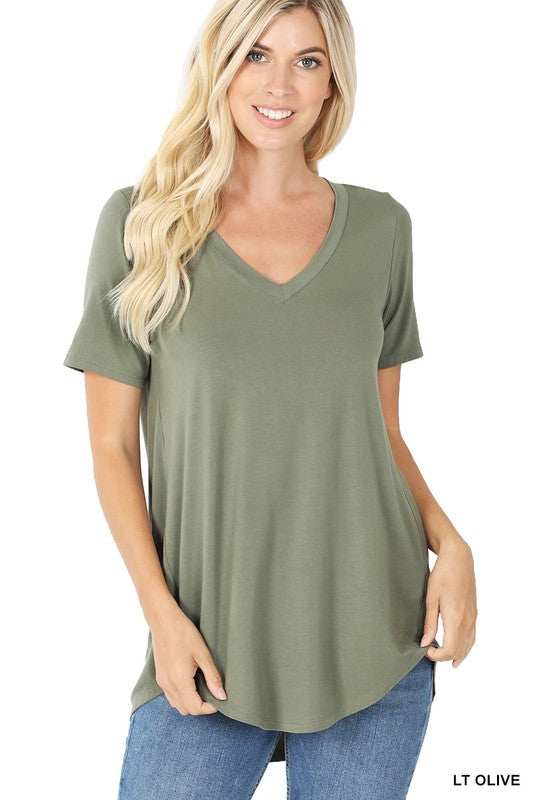 Zenana Luxe Rayon V-Neck Hi-Low Hem Tee-ZENANA-[option4]-[option5]-[option6]-[option7]-[option8]-Shop-Boutique-Clothing-for-Women-Online