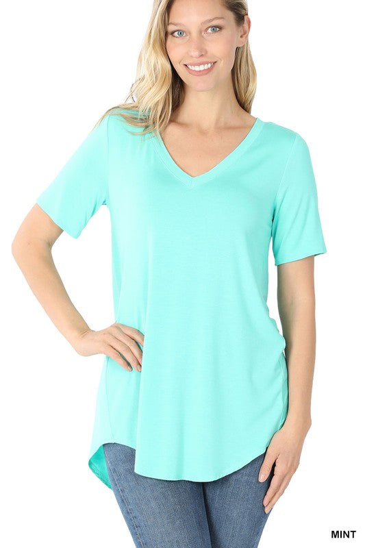 Zenana Luxe Rayon V-Neck Hi-Low Hem Tee-ZENANA-[option4]-[option5]-[option6]-[option7]-[option8]-Shop-Boutique-Clothing-for-Women-Online