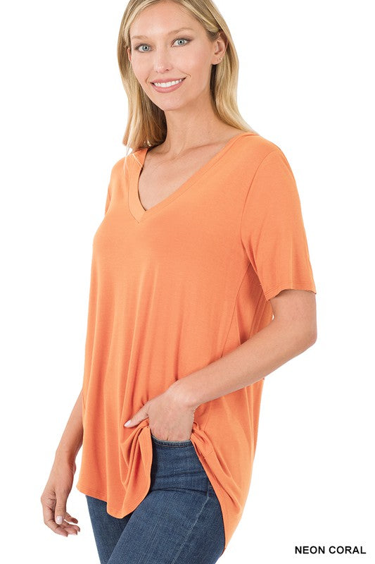 Zenana Luxe Rayon V-Neck Hi-Low Hem Tee-ZENANA-[option4]-[option5]-[option6]-[option7]-[option8]-Shop-Boutique-Clothing-for-Women-Online