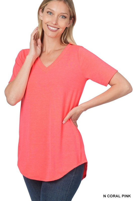 Zenana Luxe Rayon V-Neck Hi-Low Hem Tee-ZENANA-[option4]-[option5]-[option6]-[option7]-[option8]-Shop-Boutique-Clothing-for-Women-Online