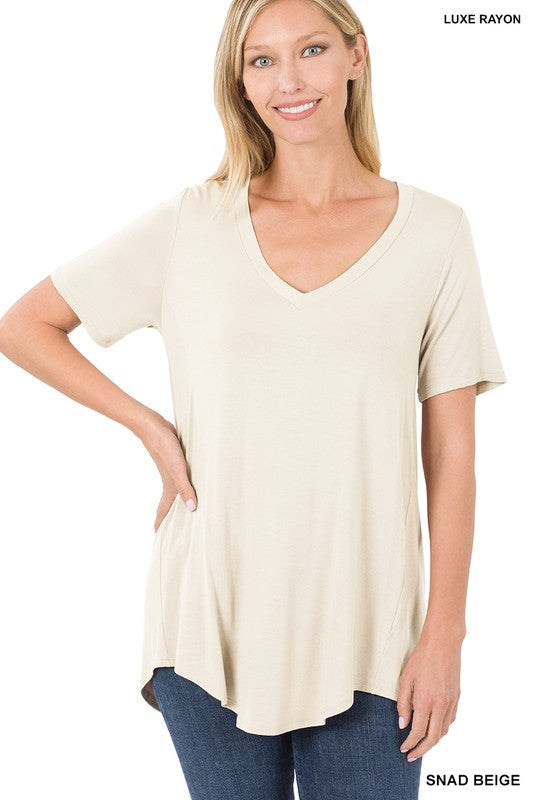 Zenana Luxe Rayon V-Neck Hi-Low Hem Tee-ZENANA-[option4]-[option5]-[option6]-[option7]-[option8]-Shop-Boutique-Clothing-for-Women-Online