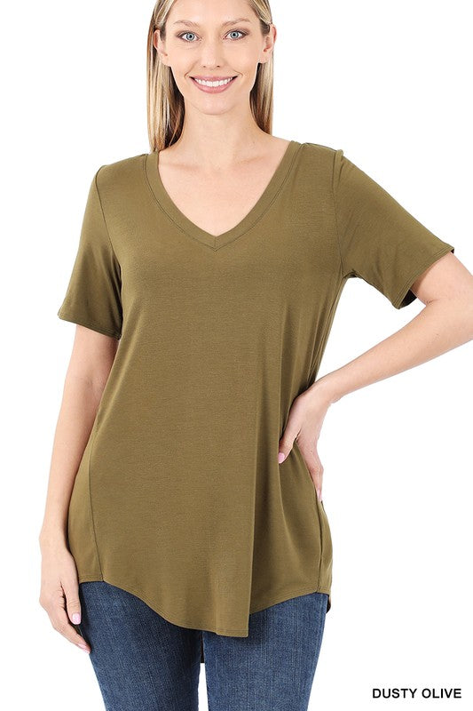 Zenana Luxe Rayon V-Neck Hi-Low Hem Tee-ZENANA-[option4]-[option5]-[option6]-[option7]-[option8]-Shop-Boutique-Clothing-for-Women-Online