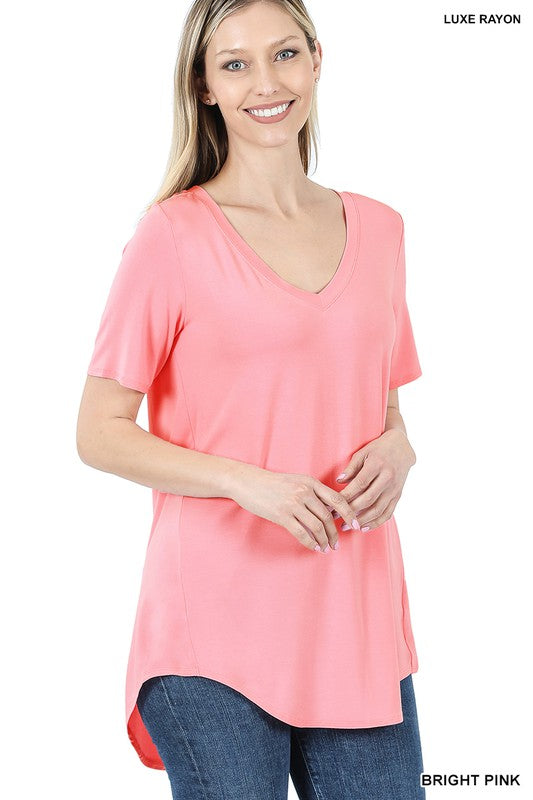 Zenana Luxe Rayon V-Neck Hi-Low Hem Tee-ZENANA-[option4]-[option5]-[option6]-[option7]-[option8]-Shop-Boutique-Clothing-for-Women-Online