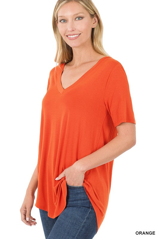 Zenana Luxe Rayon V-Neck Hi-Low Hem Tee-ZENANA-[option4]-[option5]-[option6]-[option7]-[option8]-Shop-Boutique-Clothing-for-Women-Online