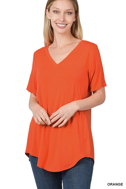 Zenana Luxe Rayon V-Neck Hi-Low Hem Tee-ZENANA-[option4]-[option5]-[option6]-[option7]-[option8]-Shop-Boutique-Clothing-for-Women-Online