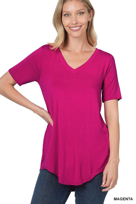 Zenana Luxe Rayon V-Neck Hi-Low Hem Tee-ZENANA-[option4]-[option5]-[option6]-[option7]-[option8]-Shop-Boutique-Clothing-for-Women-Online