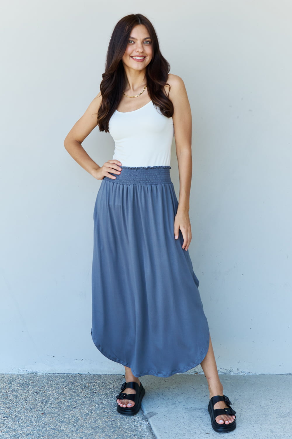 Doublju Comfort Princess High Waist Scoop Hem Maxi Skirt in Dusty Blue-Trendsi-[option4]-[option5]-[option6]-[option7]-[option8]-Shop-Boutique-Clothing-for-Women-Online