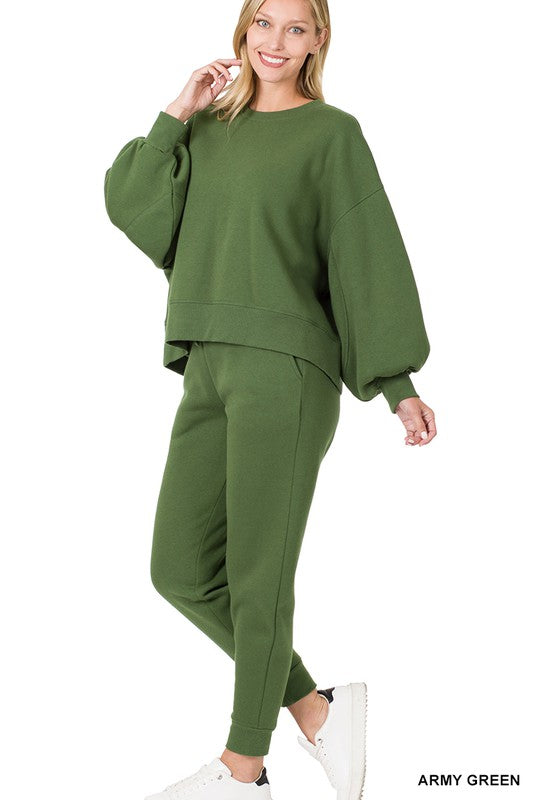 Balloon Sleeve Sweatshirt & Sweatpants Set-ZENANA-ARMY GREEN-L-[option4]-[option5]-[option6]-[option7]-[option8]-Shop-Boutique-Clothing-for-Women-Online