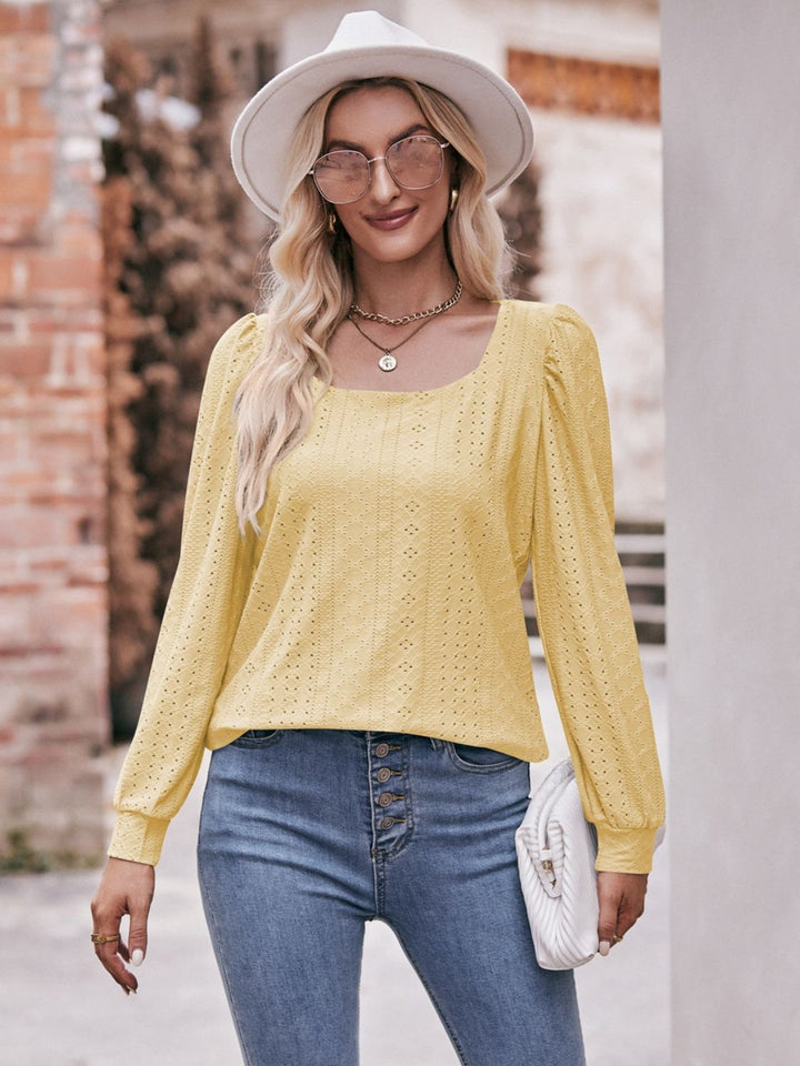 Double Take Eyelet Square Neck Puff Sleeve Blouse-Trendsi-Butter Yellow-S-[option4]-[option5]-[option6]-[option7]-[option8]-Shop-Boutique-Clothing-for-Women-Online