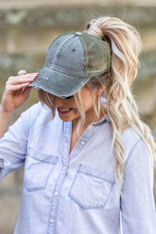 Distressed Messy Bun Hat Cap-Aili's Corner-Olive-OneSize-[option4]-[option5]-[option6]-[option7]-[option8]-Shop-Boutique-Clothing-for-Women-Online