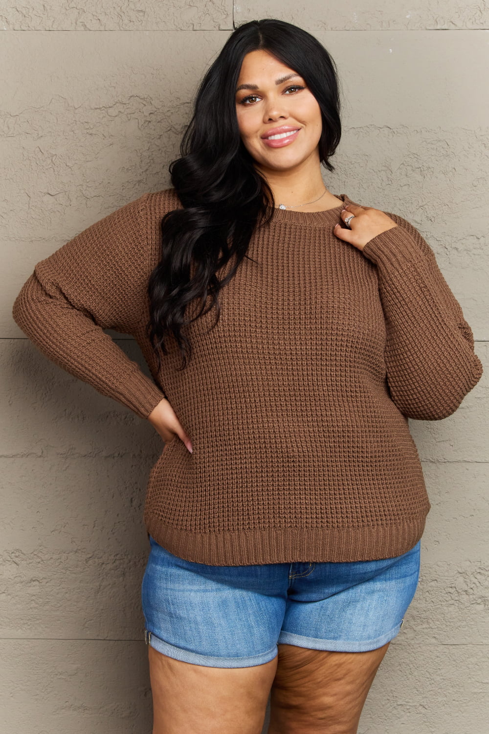 Zenana Breezy Days Plus Size High Low Waffle Knit Sweater-Trendsi-Chestnut-1XL-[option4]-[option5]-[option6]-[option7]-[option8]-Shop-Boutique-Clothing-for-Women-Online