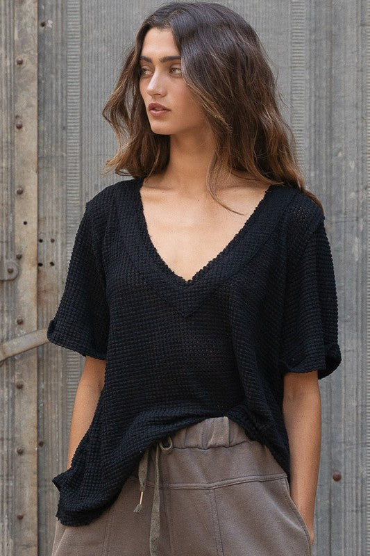 POL Half Sleeve V neck Waffle Knit Top-POL-[option4]-[option5]-[option6]-[option7]-[option8]-Shop-Boutique-Clothing-for-Women-Online