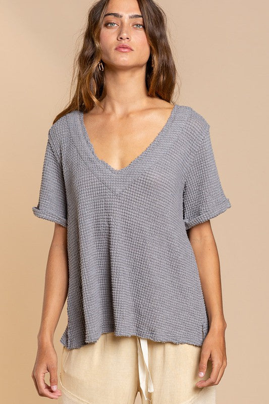 POL Half Sleeve V neck Waffle Knit Top-POL-[option4]-[option5]-[option6]-[option7]-[option8]-Shop-Boutique-Clothing-for-Women-Online