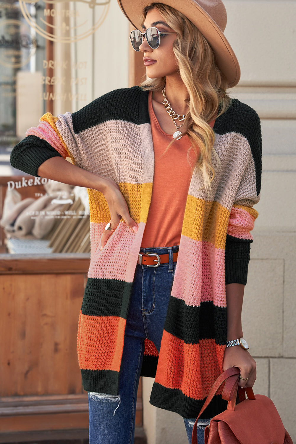 Waffle Knit Striped Open Front Cardigan-Trendsi-[option4]-[option5]-[option6]-[option7]-[option8]-Shop-Boutique-Clothing-for-Women-Online