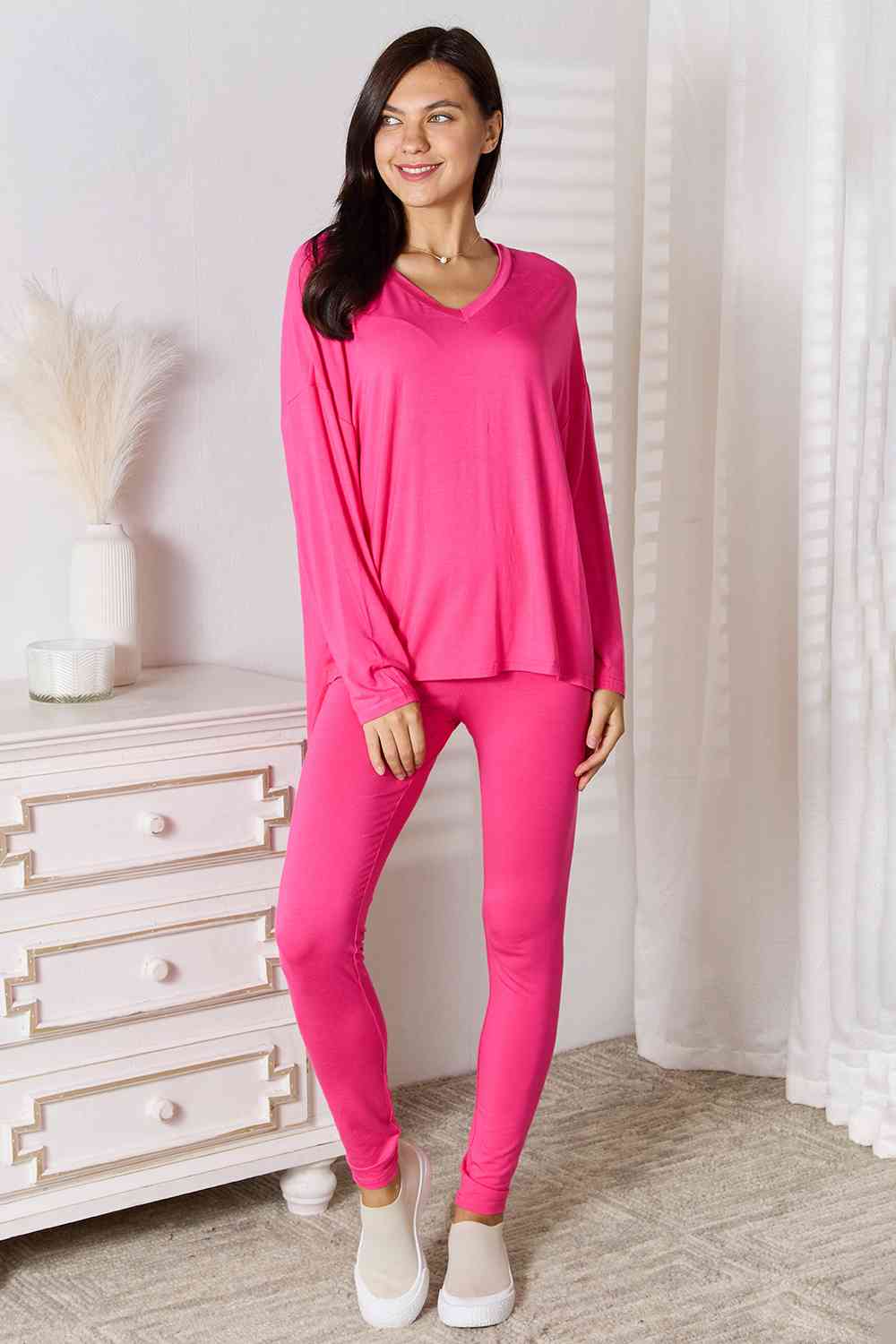 Basic Bae V-Neck Soft Rayon Long Sleeve Top and Pants Lounge Set-Trendsi-Hot Pink-S-[option4]-[option5]-[option6]-[option7]-[option8]-Shop-Boutique-Clothing-for-Women-Online