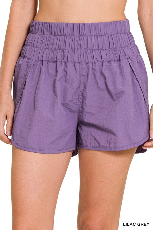 Zenana Windbreaker Smocked Waistband Running Shorts-ZENANA-LILAC GREY-S-[option4]-[option5]-[option6]-[option7]-[option8]-Shop-Boutique-Clothing-for-Women-Online