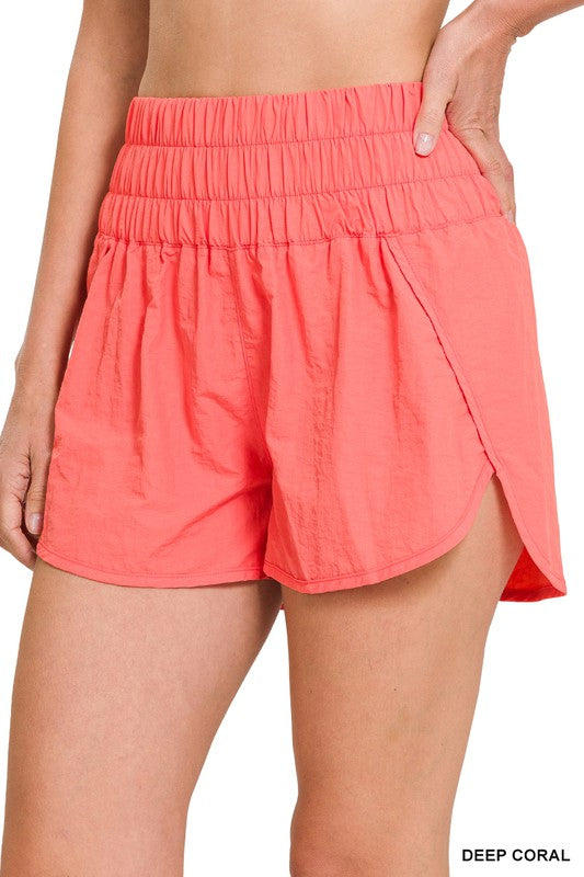 Zenana Windbreaker Smocked Waistband Running Shorts-ZENANA-DEEP CORAL-S-[option4]-[option5]-[option6]-[option7]-[option8]-Shop-Boutique-Clothing-for-Women-Online