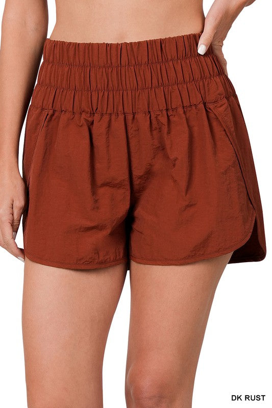 Zenana Windbreaker Smocked Waistband Running Shorts-ZENANA-DK RUST-S-[option4]-[option5]-[option6]-[option7]-[option8]-Shop-Boutique-Clothing-for-Women-Online