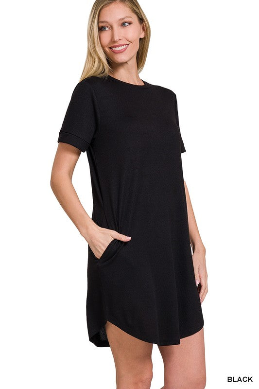 Zenana Rolled Sleeve T-Shirt Dress-ZENANA-BLACK-S-[option4]-[option5]-[option6]-[option7]-[option8]-Shop-Boutique-Clothing-for-Women-Online