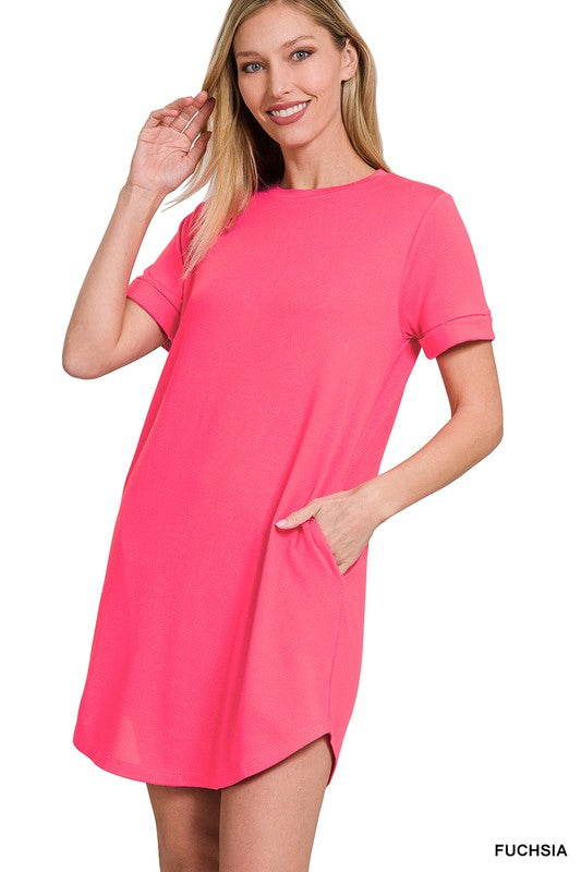 Zenana Rolled Sleeve T-Shirt Dress-ZENANA-FUCHSIA-S-[option4]-[option5]-[option6]-[option7]-[option8]-Shop-Boutique-Clothing-for-Women-Online