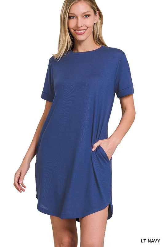 Zenana Rolled Sleeve T-Shirt Dress-ZENANA-LT NAVY-S-[option4]-[option5]-[option6]-[option7]-[option8]-Shop-Boutique-Clothing-for-Women-Online