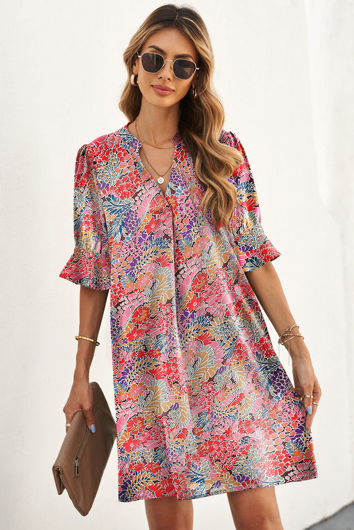 Floral Notched Neck Flounce Sleeve Shift Dress-Trendsi-Multicolor-S-[option4]-[option5]-[option6]-[option7]-[option8]-Shop-Boutique-Clothing-for-Women-Online